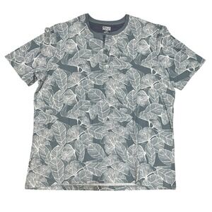Como Man Men's Large Ginkgo Leaf Print Henley Shirt Blue White‎ Short Sleeve NWT